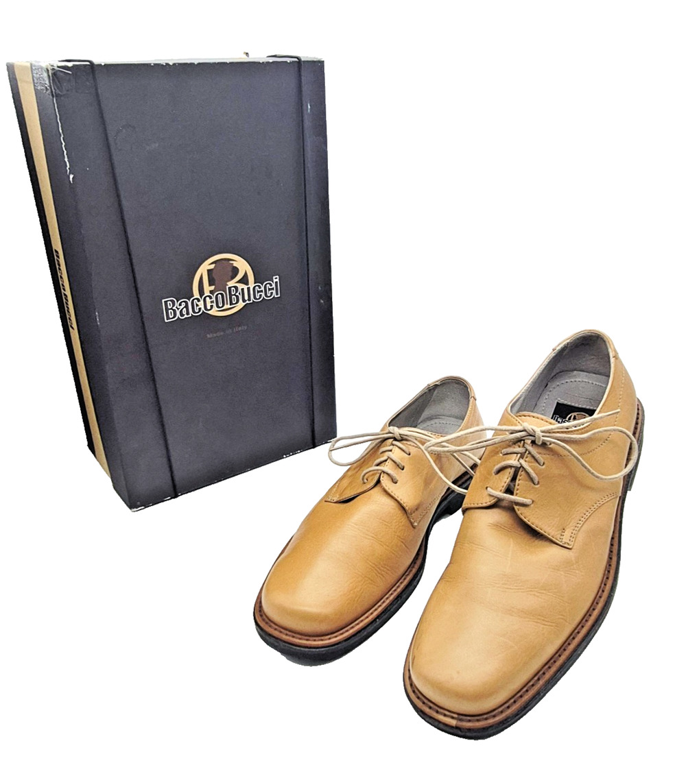 Bacco Bucci Mens Oxford Dress Shoes Size 8 Tan Leather Lace-Up Made in Italy
